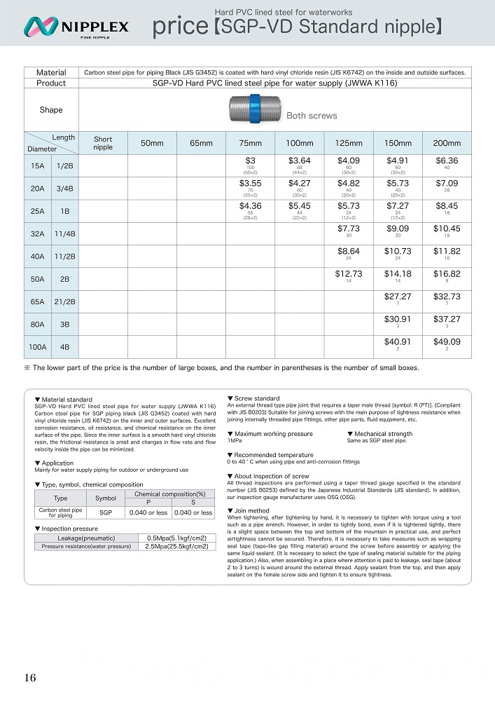 Les deux vis SGP-VD Standard Nipple Price Both Screws SGP-VD Standard Nipple Price
